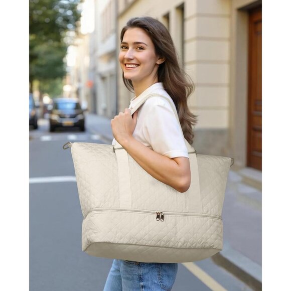 Hotor Women Beige Large Overnight with Shoe Compartment Travel Duffel Bag - Picture 2 of 7